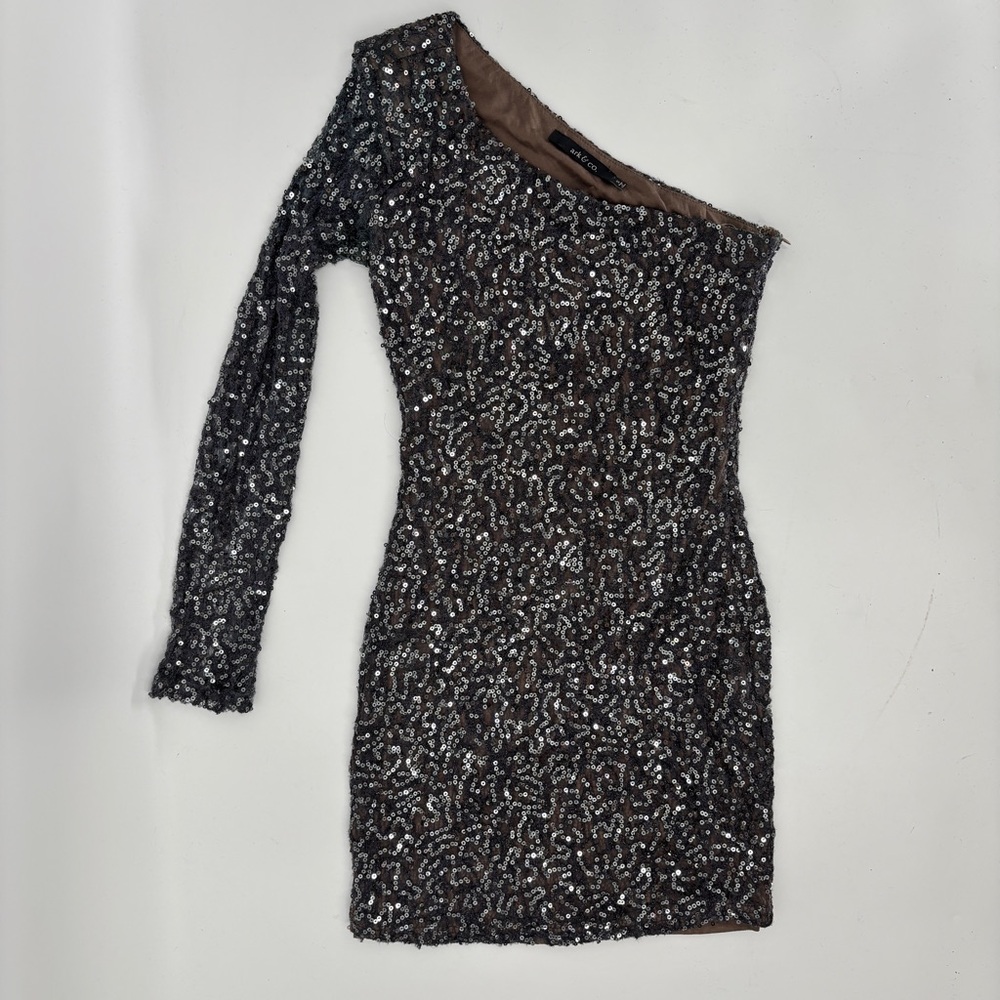 Ark & Co Sequin Mini Dress S One Sleeve Bodycon Glam Old Hollywood Luxe Vegas - Picture 6 of 14